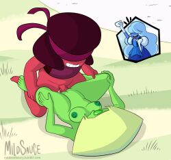 1futa 2girls cheering clothing female futa_on_female futanari group humanoid intersex mildsauce outdoors peridot_(steven_universe) ruby_(steven_universe) sapphire_(steven_universe) shortstack steven_universe vaginal_penetration