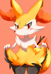 anthro blush braixen claws crying eyelashes female female_only fur grasp lift looking_at_viewer nintendo nude nyota orange_background plain_background pokémon_(species) pokemon pokemon_(species) presenting presenting_pussy pussy red_eyes shadow sharp_claws shiny solo standing stick tears wood