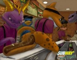 2010 4_fingers 5boys anthro ass balls blink_the_mole bruno_(hippo) cheetah dated dragon english_text fast_food food food_play foot_play furry gay hi_res hippopotamid horns hunter_(spyro) indoors male male_only mole_(animal) nitroxidle penguin poodle scalie scat sgt._byrd signature slogan spyro spyro_the_dragon subway_(franchise) text upscaled video_games yaoi
