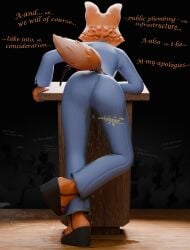 3d_(artwork) absurd_res anthro blender_(artwork) bodily_fluids canid canine clothed clothing crowd dialogue diane_foxington digital_media_(artwork) dreamworks english_text female footwear fox fur genital_fluids group hi_res mammal omorashi on_one_leg onomatopoeia orange_body orange_fur peeing peeing_self podium potatotime public sandals shoes silhouette solo solo_focus sound_effects standing suit tail text the_bad_guys urine urine_on_ground urine_pool watermark watersports wetting