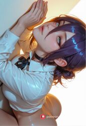 against_wall ai_generated arched_back booty bottomless busty chainsaw_man choker curvy green_eyes hair_between_eyes hairbun hot kneeling large_breasts perfect_body puffy_lips reze_(chainsaw_man) round_ass sexy short_hair slim_waist student thick_thighs white_shirt wide_hips young