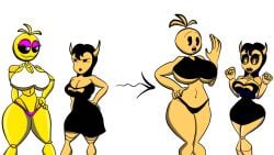 2girls alice_angel animatronic ass_bigger_than_head bendy_and_the_ink_machine breast_comparison breasts cleavage clothes devil devil_horns female female_only five_nights_at_freddy's five_nights_at_freddy's_2 mascot_horror panties sharkwar thick_thighs thighs thighs_bigger_than_head tight_clothing tight_fit toy_chica_(fnaf) transformation