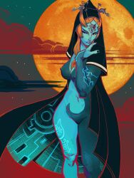 1girls belly belly_overhang big_breasts black_body black_nail_polish black_nails blue_body blue_skin body_markings breasts breasts_out cape cape_only child_bearing_hips cloak cloak_only eyeshadow female female_focus female_only forehead_jewel glowing glowing_body glowing_markings hair_between_breasts hips hips_wider_than_shoulders jewelry large_breasts long_hair midna moon multicolored_body ndasfw night night_sky nintendo nipples nude nude_female one_eye_closed pale-skinned_female pale_skin perky_nipples pinup purple_lips purple_lipstick red_eyes red_hair solo solo_female solo_focus the_legend_of_zelda thick_thighs thighs tiara twili twili_midna twilight_princess wide_hips yellow_sclera