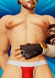 arm_tattoo bandages beard beard_stubble condom_in_mouth fingerless_gloves fortnite fortnite:_battle_royale gay gay_male guild_(fortnite) hand_on_butt hand_on_stomach huge_pecs jockstrap male mrdire red_hat solo_male tattoo teasing