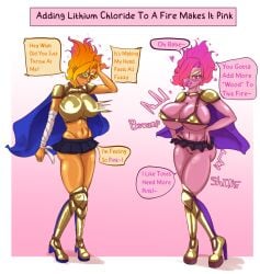 armor armored_female big_breasts bikini bikini_armor bikini_top bimbo bimbofication bimbofied blush boots breast_expansion breasts breasts_bigger_than_head cape clothed clothed_female clothed_humanoid dialogue digital_media_(artwork) english_text expansion female fire fire_girl flame_hair genitals hair heel_boots humanoid looking_at_viewer moffin orange_skin pink_hair pink_skin pussy_visible sequence shoulder_pads skirt solo speech_bubble text thick_thighs transformation transformation_sequence useless_armor