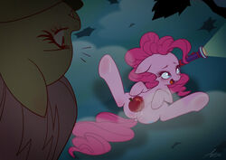 2014 antimo apple blue_eyes duo equine female feral fluttershy_(mlp) friendship_is_magic fruit fur hair horse my_little_pony open_mouth outside pink_fur pink_hair pinkie_pie_(mlp) pony pussy pussy_juice spread_legs spreading yellow_fur