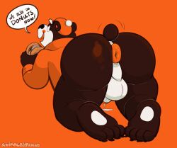 2025 a&w animalboyfriend anus ass bear bedroom_eyes big_butt bodily_fluids brown_bear burger cum cum_drip dialogue dripping eating english_text feet food genital_fluids hi_res looking_at_viewer looking_back mammal mascot narrowed_eyes precum precum_drip presenting presenting_anus presenting_hindquarters puffy_anus rooty_the_great_root_bear seductive slightly_chubby speech_bubble text thick_thighs tongue tongue_out ursine