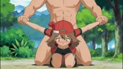 ai_generated bandana bike_shorts blush brown_hair faceless_male flat_chest flat_chested jacket leaning_forward male may_(pokemon) muscular_male pokemon pokemon_rse sex sex_from_behind shirtless_male small_breasts unzipped unzipped_jacket