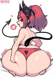 artist_name ass barefoot bed breasts dated demon_girl demon_horns demon_tail earrings fang fat_ass grabbing_own_ass heart huge_ass large_breasts looking_at_viewer looking_back lucy_(dipx) massive_ass naughty_face oc onaeane original plump pointy_ears red_eyes red_hair red_panties seiza short_hair shortstack simple_background sitting skindentation thick_ass thick_eyebrows toes topless white_background wide_hips wobbling_ass