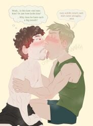 2boys blonde_hair blush bradley_(mr_shrink) brown_hair closed_eyes confused digital_drawing_(artwork) digital_media_(artwork) dumb dumb_male english english_text facial_hair gay holding_arm idiot inexperienced inexperienced_male intellectual_disability jason_(mr_shrink) kissing learning_disability male male_focus male_only mental_disability mouth_agape mr_shrink open_mouth original original_character original_characters saliva saliva_drip saliva_on_tongue saliva_string saliva_trail shirtless shirtless_male smaller_top_and_beefy_bottom stupid tank_top tongue tongue_out too_dumb_to_live