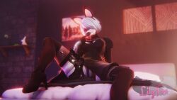 2025 3d_(artwork) absurd_res animatronic anthro armwear bed bedroom black_boots black_clothing black_dress black_footwear black_gloves black_handwear black_legwear black_lips black_thigh_highs blindfold blue_vulva blurred_background boots breasts brick brick_wall canid canine cleavage cleavage_cutout clothed clothing cosplay cutout digital_media_(artwork) dress elbow_gloves fan_character female fingerless_gloves five_nights_at_freddy's footwear fox furniture genitals gloves hair hair_over_eyes handwear hi_res high_heeled_boots high_heels inside legwear lily_(lilythefox09) lilythefox09 lips machine mammal medium_breasts nier_automata on_bed platinumgames robot robot_anthro scottgames shoes sitting sitting_on_bed smile smiling_at_viewer solo spread_legs spreading thick_thighs thigh_highs vulva wall_(structure) watermark white_armwear white_body white_clothing white_elbow_gloves white_fingerless_gloves white_gloves white_hair white_handwear yorha_2b