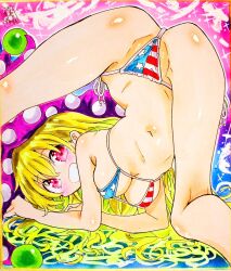 ass_focus blush clownpiece from_behind large_ass large_breasts legs_apart looking_back micro_bikini smile touhou watercolor_(artwork)