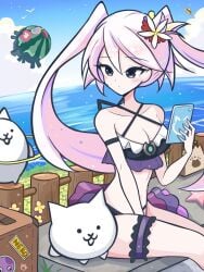 beach bikini black_bikini black_eyes blue_background feline hair_ornament hibiscus kalisa_(battle_cats) konpee long_hair pink_hair purple_hair sea_background seaside sitting smartphone starfish sticker straw_hat summer the_battle_cats thigh_lace thighs twintails water watermelon white_cat yellow_flower