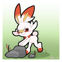 1:1 anthro artist_name blush border cotton_tail digital_media_(artwork) embarrassed fairyfudge female generation_8_pokemon genitals gradient_background hi_res imminent_feces nintendo plump_labia pokemon pokemon_(species) raised_leg red_eyes rock scorbunny simple_background solo text tremble_spikes vulva white_border