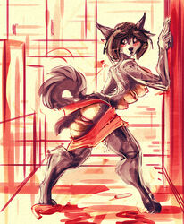 2013 abstract_background anthro ass back bent_over black_nose blush breasts brown_hair canine clothing digitigrade female fur furry grey_fur hair high_heels inside light_skin looking_back multi_breast nude panties pussy raised_tail red_eyes short_hair skirt surprised torn_clothing transformation two_tone_fur underwear undressing vial watsup white_fur wolf