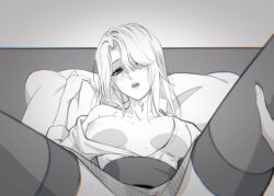 bed bedroom bedroom_sex blush boobs_out breasts breasts_out clothed clothed_sex clothes clothing female female_focus female_only hands_on_thighs hilda_hartlein_(path_to_nowhere) implied_sex long_hair long_hair_female nyasa_ak path_to_nowhere pov skirt stockings submissive_female suggestive suggestive_look suggestive_pose thigh_highs thighhighs thighs tits_out unbuttoned unbuttoned_shirt