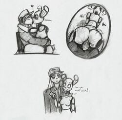 1boy 1girls animatronic ass big_butt blush bonnie_(fnaf) duo english_text female five_nights_at_freddy's heart kissing kony_kon lagomorph machine mammal mechanical night_guard_(fnaf) penis rabbit rule_63 sex sketch smile smooth_skin text