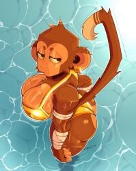 anthro arm_wraps athletic_female bandages battle_scars beach biceps big_ass big_breasts bikini breasts brown_fur brown_tail bubbles cleavage countershade_face countershade_torso countershading curvy dipstick_tail female floating gold_bikini golden_bikini half-closed_eyes hourglass_figure huge_breasts long_tail monkey monkey_ears monkey_fist_(talons_tw) monkey_girl monkey_tail ocean ocean_background perky_breasts pool pout prehensile_tail primate round_ears round_eyes scars_on_arm shiny_skin smug snout solo striped_tail tail tail_up talons_tw thick_thighs triceps water wet_fur wet_skin white_bandages wide_hips wrappings