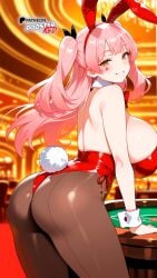 ai_generated ass ass_focus boosterred99 bow bowtie bunny bunny_costume bunny_ears bunny_girl bunny_tail bunnysuit casino cuffs from_behind from_behind_position fujinoki_nene gal hajimete hajimete_no_gal illustrious_(stable_diffusion) leotard long_hair no pantyhose pink_hair playboy_bunny pony_diffusion_xl red_bow red_leotard star twintails yellow_eyes