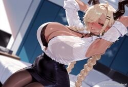 ai_generated armpits arms_behind_head asymmetrical_bangs azur_lane balecxi black_bra black_skirt blonde_hair blush braid cleavage dark_skin female hair_over_one_eye horns huge_breasts long_hair looking_at_viewer mole mole_under_mouth owari_(azur_lane) pantyhose patreon_username pencil_skirt shirt smile solo twin_braids underwear yellow_eyes