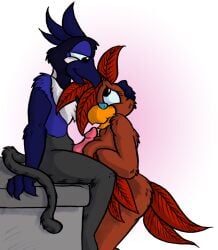 anthro ass avian big_breasts bird breast_play breasts chicken david_hopkins duo eye_contact eyewear feathers female galliform gallus_(genus) glasses gryphon looking_at_another male male/female mythological_avian mythological_creature mythology nude phasianid sex slightly_chubby smile titjob