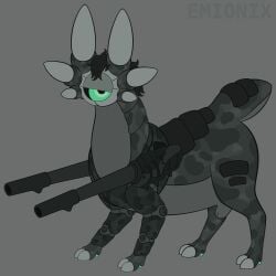 6_ears absurd_res animal_genitalia artist_name big_eyes black_hair black_sclera black_scutes camo camo_body cegavki_(emx) cloven_hooves countershade_tail countershade_torso countershading dewclaw_hooves emionix feral flat_colors front_view fully_sheathed genitals green_eyes grey_background grey_body grey_countershading grey_markings hair hi_res hooves lidded_eyes looking_at_viewer lurkerbeast male markings mouthless multi_ear multicolored_body nonbinary_(lore) quadruped ranged_weapon ranged_weapon_attached scutes segmented_legs sheath short_tail simple_background solo standing tail text thick_tail three-quarter_view toony unguligrade unusual_ears weapon