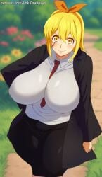 amber_eyes blonde_hair hourglass_figure large_breasts mashle mashle:_magic_and_muscles ribbon school_uniform thick_thighs tie venus_body