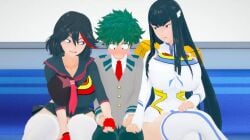 1boy 2girls asian asian_female asian_male black_hair blush boku_no_hero_academia breasts clothed clothed_female clothed_male crossover female green_hair huge_breasts izuku_midoriya kill_la_kill kiryuuin_satsuki light-skinned_female light-skinned_male light_skin long_hair male matoi_ryuuko my_hero_academia short_hair tomboy trio