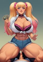 abs ai_generated aipixelporn big_breasts black_bra blonde_hair blue_eyes choker female gyaru heart_earrings jean_shorts money muscles on_top prostitution sara_(aipxelporn) selfie small_penis thighhighs thighs tied_shirt twintails