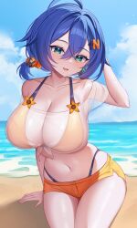 1girls absurd_res ahoge alternate_costume alternate_version_available arm_behind_head arm_support arm_up bare_shoulders beach belle_(zenless_zone_zero) bikini bikini_under_shorts blue_hair blue_sky breasts cleavage cloud collarbone commentary crossed_bangs day demcheg english_commentary female green_eyes hair_between_eyes hair_ornament hand_in_own_hair highleg highleg_bikini highres large_breasts letter_hair_ornament light_particles looking_at_viewer low_twintails micro_shorts navel ocean oerba_yun_fang official_alternate_costume on_ground open_mouth orange_bikini orange_shorts outdoors see-through_clothes see-through_shirt shirt short_hair shorts sitting skin_fang sky smile solo stomach sunlight swimsuit thighs tied_shirt twintails zenless_zone_zero