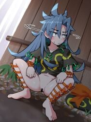 bar_censor barefoot black_shirt blush bottomless bow censored commentary_request female full_body grey_eyes grey_hair hair_between_eyes highres himemushi_momoyo long_hair looking_to_the_side navel orange_bow pussy shirt short_sleeves slav_squatting solidus_(sword_cube) solo squatting touhou upper_body variant_set very_long_hair