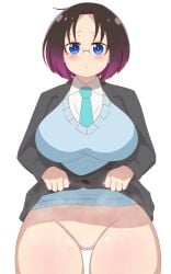 1girls blue_eyes blush bottomless bottomless_female elma_(dragon_maid) embarrassed female front_view glasses miss_kobayashi's_dragon_maid office_lady pussy short_hair solo steam tagme tanchakon vagina white_background