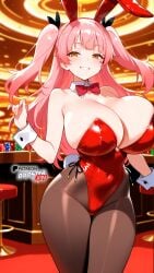 ai_generated boosterred99 bow bowtie bunny bunny_costume bunny_ears bunny_girl bunny_tail bunnysuit casino cuffs fujinoki_nene gal hajimete hajimete_no_gal illustrious_(stable_diffusion) leotard long_hair no pantyhose pink_hair playboy_bunny pony_diffusion_xl red_bow red_leotard star twintails yellow_eyes