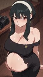 ai_assisted ai_generated bedroom belly black_hair ecchi female panties pregnant pregnant_female red_eyes spy_x_family thorn_princess yor_briar yor_forger