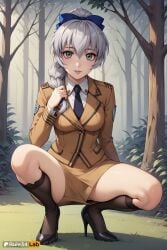 1girls ai_generated artist_name black_footwear black_necktie black_socks blue_bow bow braid braided_ponytail breasts brown_jacket brown_skirt collared_shirt forest full_body full_metal_panic grey_eyes grey_hair hair_between_eyes hair_over_shoulder hairbow hi_res high_heels jacket kneehighs lips long_hair long_sleeves looking_at_viewer medium_breasts military military_uniform miniskirt nature necktie outdoors patreon_username pencil_skirt rule34lab shirt single_braid skirt smile socks solo spread_legs squatting teletha_testarossa thighs tree uniform white_shirt