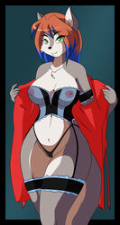 anthro areola big_breasts blue_hair breasts brown_hair cameltoe canine chest_tuft corset edit female fur furry garter garter_belt garter_straps green_eyes grey_fur hair lingerie nipples panties pose robe sechs_fuckheaven see-through sheer smile string_panties tuft white_fur wolf