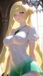 1girls ai_generated alternate_breast_size alternate_costume arm_behind_back blonde_hair blurry blurry_background blush breasts closed_mouth collarbone covered_navel cowboy_shot diagonal_bangs dress eyeshadow female gem gradient_dress green_dress green_eyes green_gemstone hair_bun hair_over_one_eye indoors jewelry large_breasts long_hair looking_at_viewer lusamine_(pokemon) makeup mature_female meitabuu necklace nintendo pantyhose pokemon pokemon_sm puffy_short_sleeves puffy_sleeves short_dress short_sleeves single_hair_bun single_side_bun smile solo taut_clothes taut_dress tight_clothes very_long_hair white_dress white_pantyhose window