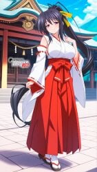 ai_generated akeno_himejima black_hair boosterred99 breasts female full_body fully_clothed high_school_dxd illustrious_(stable_diffusion) japanese_clothes large_breasts legs long_hair miko orange_ribbon pony_diffusion_xl ponytail purple_eyes ribbon seductive voluptuous