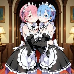 2boys ai_generated blue_eyes blue_hair bulge femboy hugging_another hugging_each_other indoors maid_headdress maid_uniform mansion pink_eyes pink_hair ram_(re:zero) re:zero_kara_hajimeru_isekai_seikatsu rem_(re:zero) roswaal_mansion_maid_uniform tagme tehmar trap twins