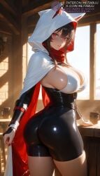 1girls ai_generated animal_ears animal_hood arm_guards armor ass belt black_bodysuit black_hair blush bodysuit breasts bridal_gauntlets brown_hair cape cat_hood cleavage cloak cowboy_shot cup fake_animal_ears female from_behind hood hood_up hooded_cape indoors kono_subarashii_sekai_ni_shukufuku_wo! large_breasts looking_at_viewer looking_back megumin meitabuu parted_lips red_cape red_eyes red_nails red_scarf scarf shiny_clothes sideboob sidelocks skin_tight skindentation smile solo standing sunlight thighs vambraces white_cape white_cloak white_hood window