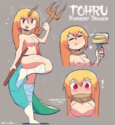 1girls blonde_hair breasts cake dragon_girl dragon_tail eating elma_(dragon_maid)_(cosplay) female food footwear horn long_hair miss_kobayashi's_dragon_maid red_eyes solo standing standing_on_one_leg tohru_(dragon_maid) trident