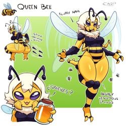 1girls antennae_(anatomy) anthro bee carpinchor chitin clothing female honey honey_jar insects mandibles neck_fluff one_piece_suit purple_eyes queen_bee_(terraria) simple_background solo stinger terraria text white_hair wings