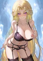 absurdres adjusting_bra adjusting_clothes adjusting_panties bare_arms bare_shoulders black_garter_belt black_garter_straps black_panties black_thighhighs blonde_hair blush bra breasts cleavage collarbone female garter_belt garter_straps highres lace lace-trimmed_bra lace_trim large_breasts long_hair looking_at_another navel original panties parted_bangs parted_lips purple_bra purple_eyes purple_nails saw272 smile solo stomach thighhighs underwear