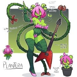 1girls carpinchor fangs female flora_fauna flower flower_pot gijinka guitar natural_clothing petals pink_hair plant plant_girl plantera punk simple_background solo spikes teeth_showing terraria text thorns vines yellow_eyes