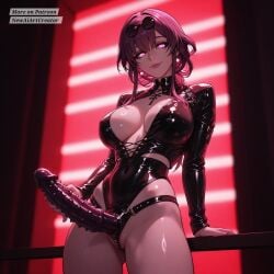 ai_generated bdsm_outfit big_penis bondage dildo female female female_focus female_only glowing_eyes honkai:_star_rail imminent_sex kafka_(honkai:_star_rail) latex latex_clothing looking_at_viewer looking_down purple_eyes purple_hair strap-on strapon