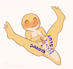 1girls 3_toes amber_eyes amphibian anus blush body_writing casey chatfleur consort english_text female hairless hindpaw homestuck licking_lips lying ms_paint_adventures naughty_face nude on_back paws plain_background pussy salamander smile solo spread_legs spreading sunes text toes tongue white_background yellow_body