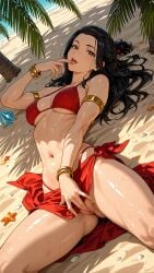 1girls ai_generated armlet beach bikini black_hair bracelet breasts brown_eyes female female_only jewelry lips long_hair looking_at_viewer lying medium_breasts navel on_back open_mouth outdoors palm_tree pussy red_bikini sand sarong solo swimsuit thighs tongue tongue_out tree uncensored vagina wet