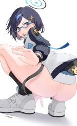 absurdres akinoji_(akiponpon27) anus ass black_hair black_halo black_skirt black_socks blue-framed_eyewear blue_archive blush chihiro_(blue_archive) female full_body grey_eyes hair_ornament halo highres jacket male_pubic_hair medium_hair pleated_skirt pubic_hair rabbit_hair_ornament shoes signature simple_background skirt socks solo squatting sweatdrop white_background white_shoes