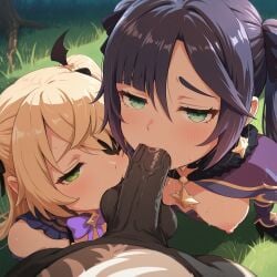 1boy 2girls ai_generated balls black_hair black_ribbon black_skin blonde_hair blue_capelet blush bow bowtie breasts breasts_out capelet cooperative_fellatio dark-skinned_male dark_penis dark_skin earrings erection eyepatch fellatio female ffm_threesome fischl_(genshin_impact) genshin_impact gloves grass green_eyes group_sex hair_between_eyes hair_ribbon hilichurl_(species) interracial interspecies jewelry large_penis long_hair looking_at_viewer male medium_breasts mona_(genshin_impact) monster multiple_girls nipples oral outdoors penis pov purple_bow purple_bowtie purple_hair ribbon saliva small_breasts star_(symbol) star_earrings straight sweat testicle_sucking testicles threesome twintails two_side_up uncensored veins veiny_penis very_dark_skin zoophilia