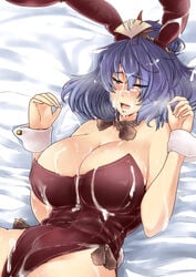 animal_ears bed breasts bunny_ears bunnysuit cleavage cum cum_on_body cum_on_breasts cum_on_clothes cum_on_lower_body cum_on_upper_body female highres huge_breasts kanako_yasaka lying open_mouth purple_hair tobisawa touhou wrist_cuffs